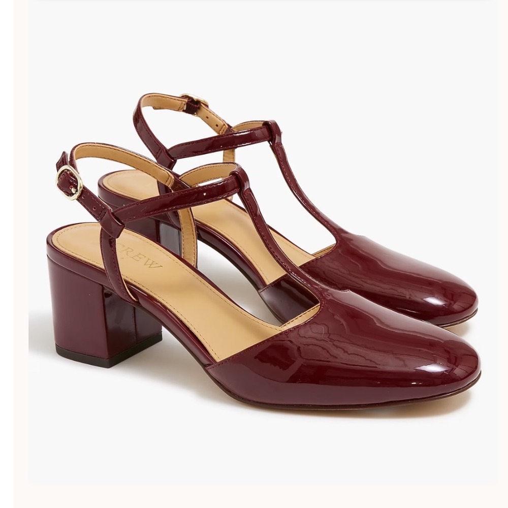 New with box J.Crew T-Strap Heels Vintage Burgundy Patent Leather Block Heel 7.5